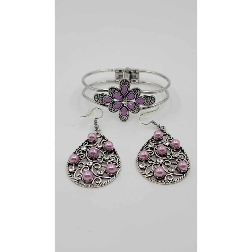 Paparazzi Go With The Florals Purple Hinged Bracelet & Earring Set - Picture 7 of 7